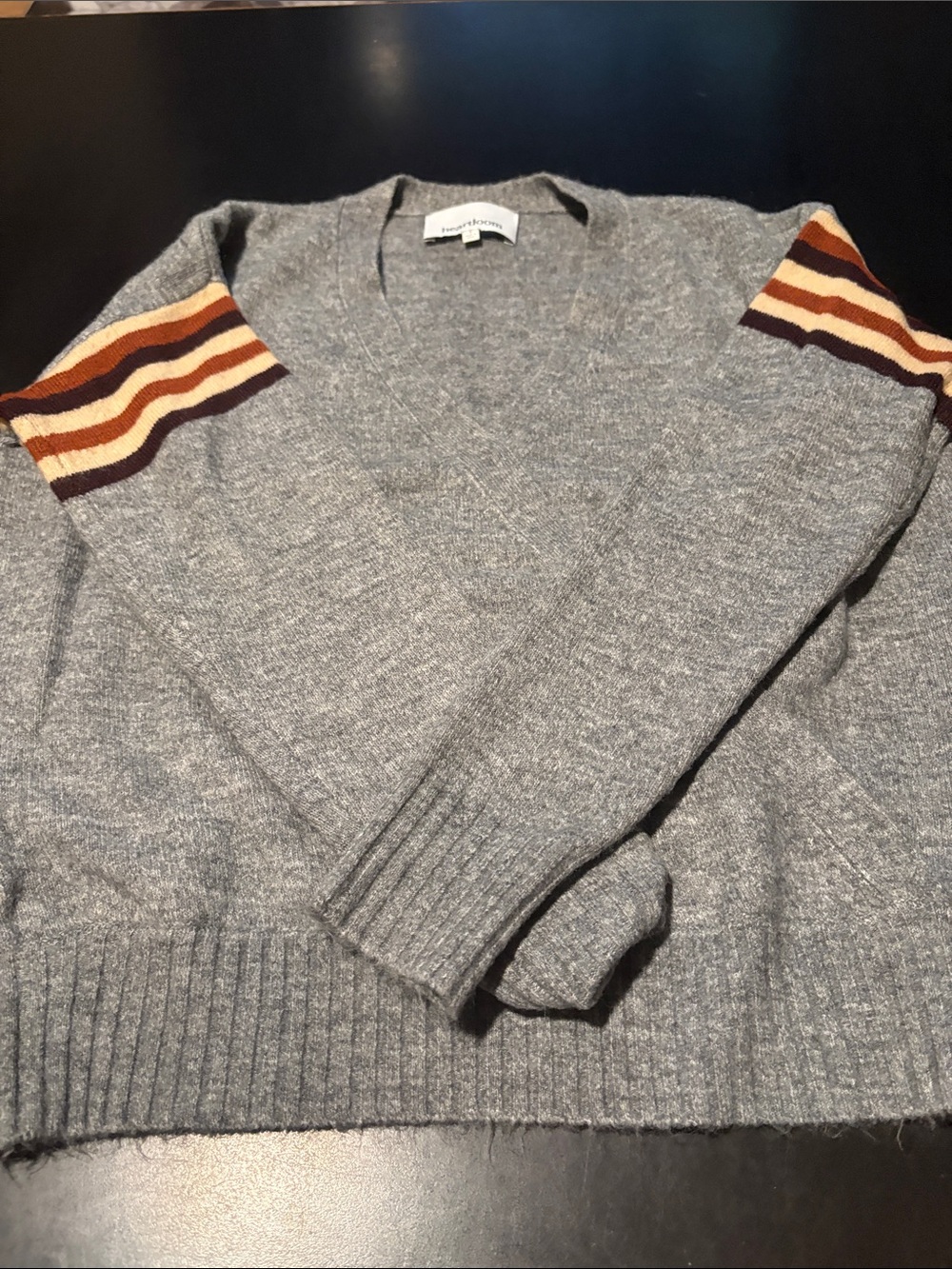 Saint James Gray V-Neck Sweater with Ochre & Burgundy Sleeve Stripes